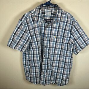 CARHARTT Plaid Short Sleeve Shirt Mens XL Blue Relaxed Fit Button Down w/ Pocket